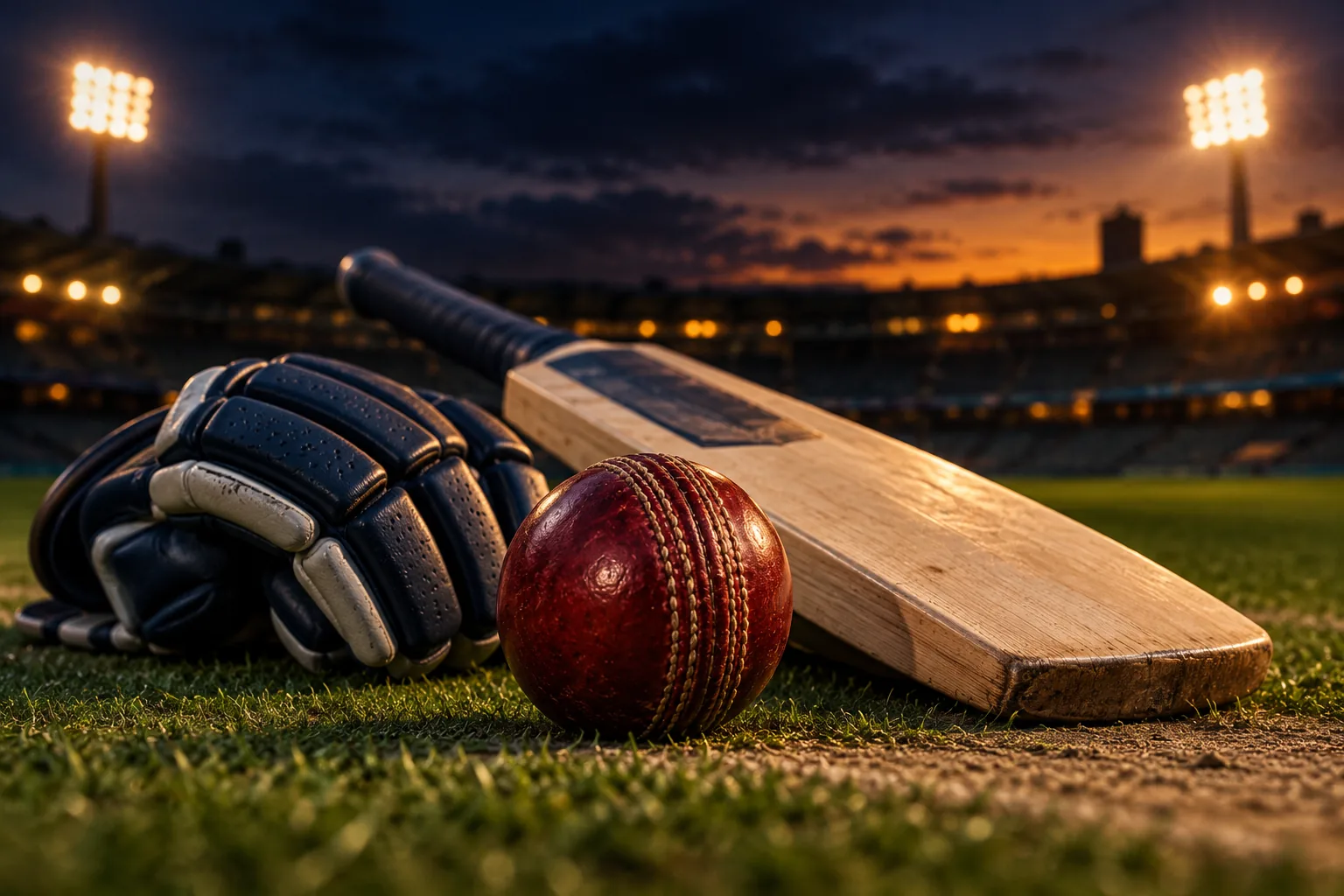 Cricket ball and bat at a stadium